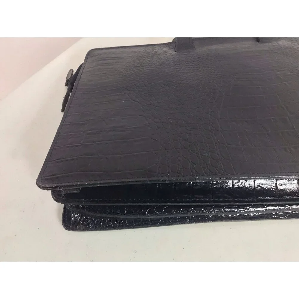 Vintage Croc Embossed Black Leather Laptop Bag Briefcase